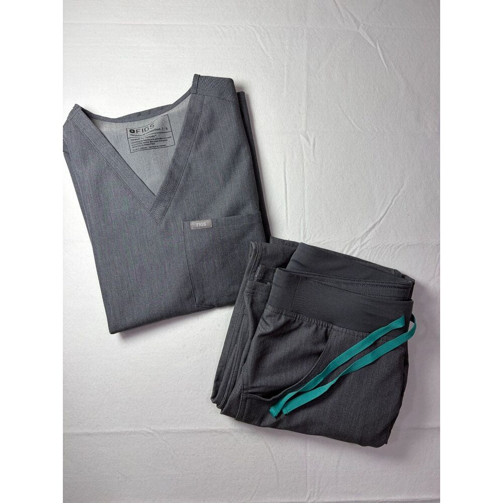 FIGS Grey Scrub Set Catarina V-Neck Top Kade Cargo Pants Turquoise String S
